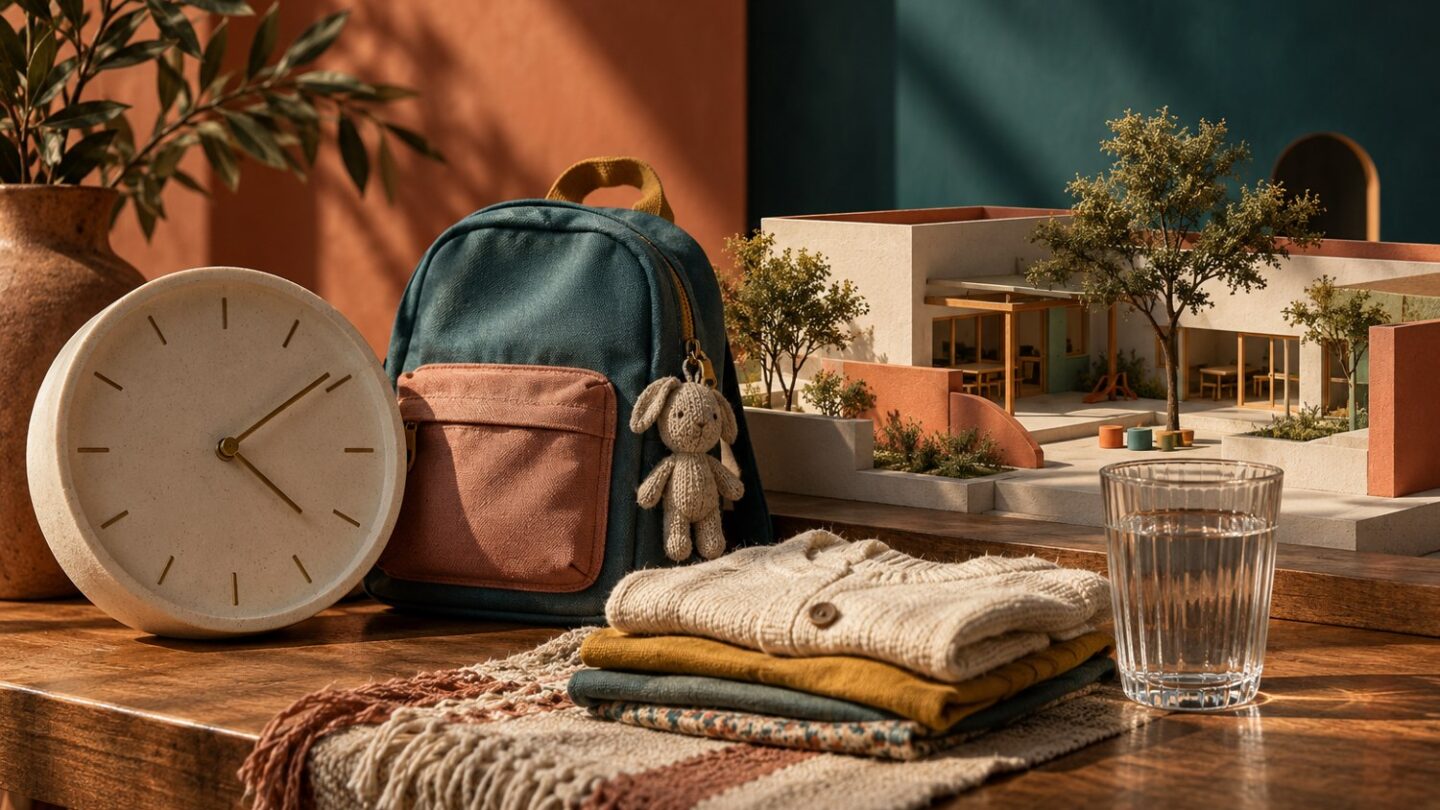 Ilustración conceptual de reloj, mochila y objetos domésticos junto a una maqueta de un centro de cuidados.