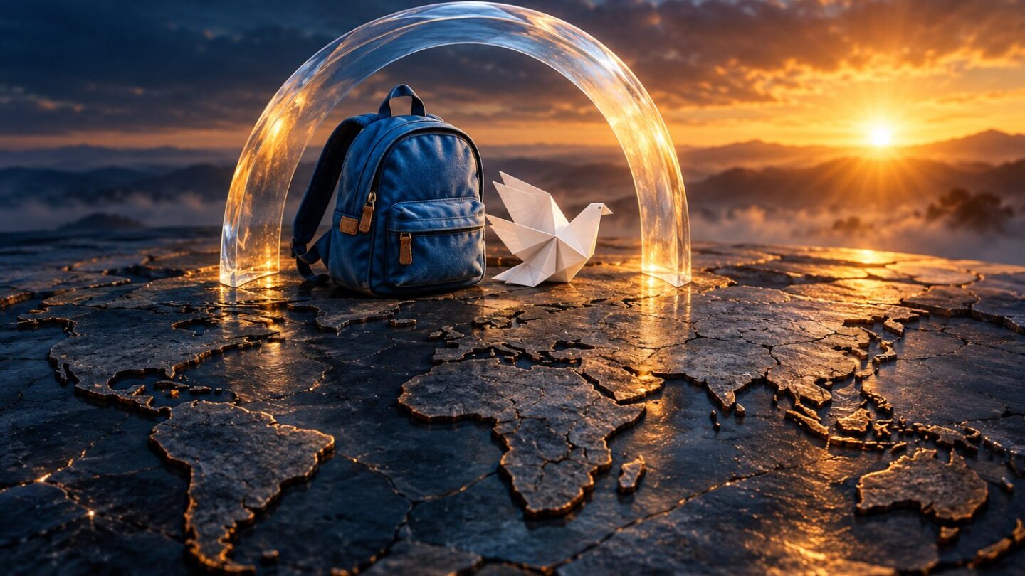 Ilustración conceptual de una mochila escolar y una paloma de papel resguardadas bajo un arco transparente.